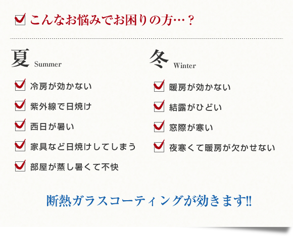 こんなお悩みでお困りの方　夏　冷房が効かない　紫外線で日焼け　西日が暑い　家具など日焼けしてしまう　部屋が蒸し暑くて不快　冬　暖房が効かない　結露がひどい　窓際が寒い　夜寒くて暖房が欠かせない